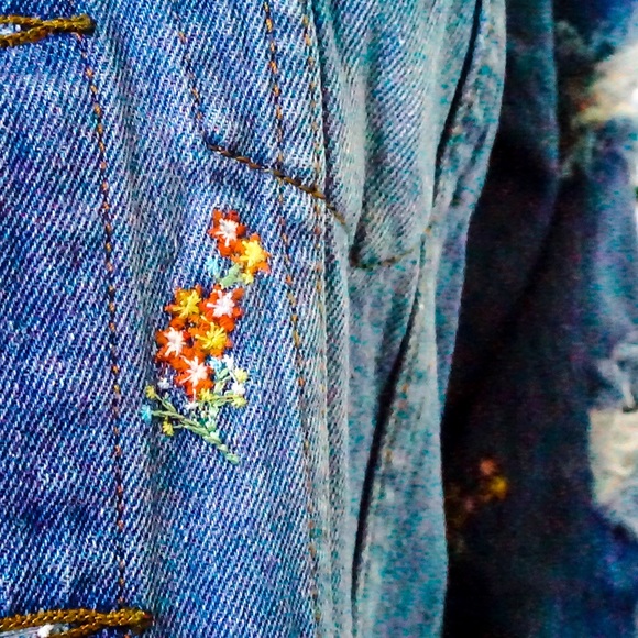 Distressed Denim Jacket Floral Embroidered Detail - Picture 11 of 16